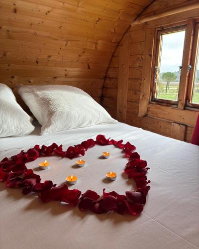 a heart of roses on a bed in a room at Échappée Vigneronne in Pennautier