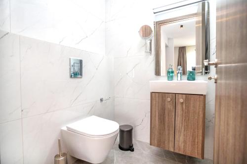 a bathroom with a toilet and a sink and a mirror at Celeste Suites in Limassol