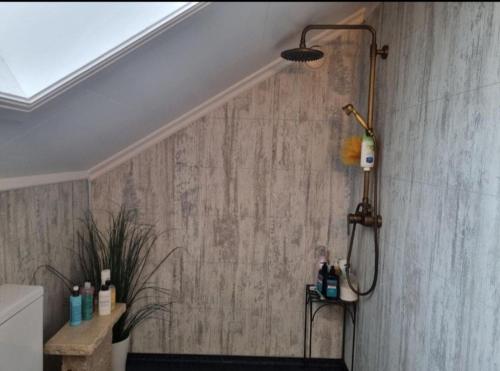 a shower in a bathroom with a wall at Loftsleilighet in Vennesla