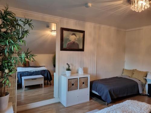 a bedroom with a bed and a mirror at Loftsleilighet in Vennesla