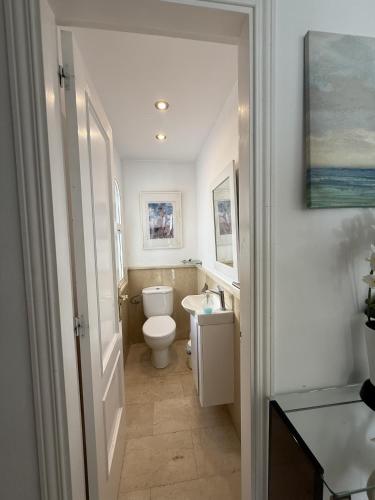 a white bathroom with a toilet and a sink at Mediterranean Escape with Panoramic Sea Views in Benalmádena