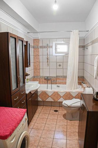 a bathroom with a tub and a toilet and a sink at Soula's Traditional House in Kalabaka
