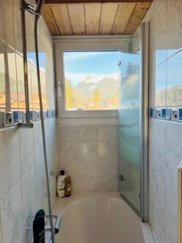 a bathroom with a bath tub and a window at Chalet Alpine in Kandersteg