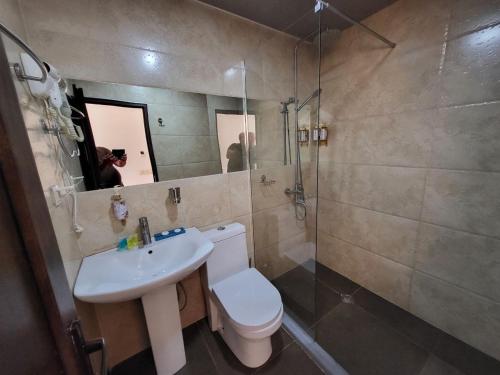 a bathroom with a toilet and a sink and a shower at Hotel SABA in Kobuleti