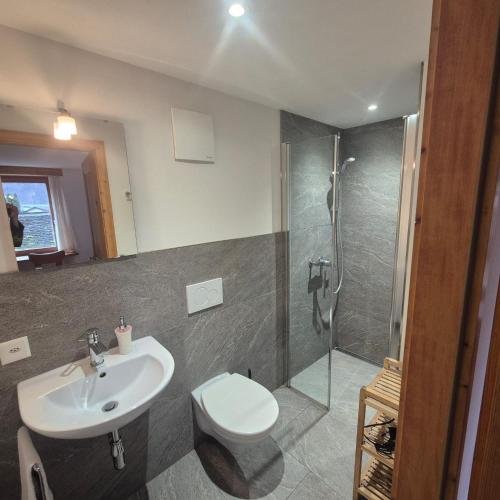 a bathroom with a toilet and a sink and a shower at Centro Arte Cabbiolo in Cabbiolo