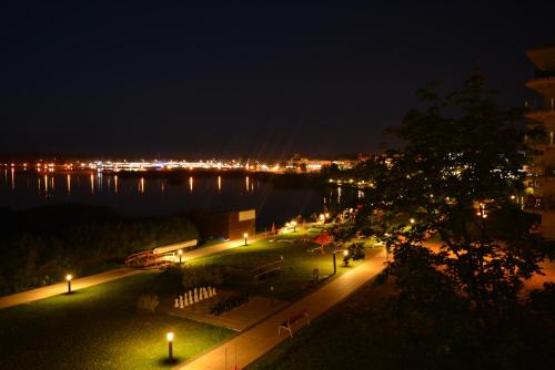 a view of a city at night with lights at Wellness Apartments in Velence in Velence