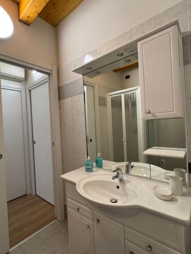 a bathroom with a white sink and a mirror at La Casa di Lella in Paratico