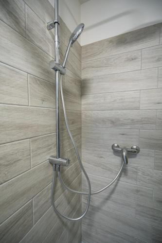 a shower with a shower head in a bathroom at Capsule Océan 2 Chambres- Billard - Jacuzzi - Netflix in Valenciennes