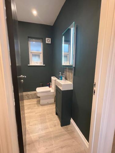 a bathroom with a sink and a toilet and a mirror at Stylish 2Bed Ground Floor Flat with Private Garden in Weston-super-Mare