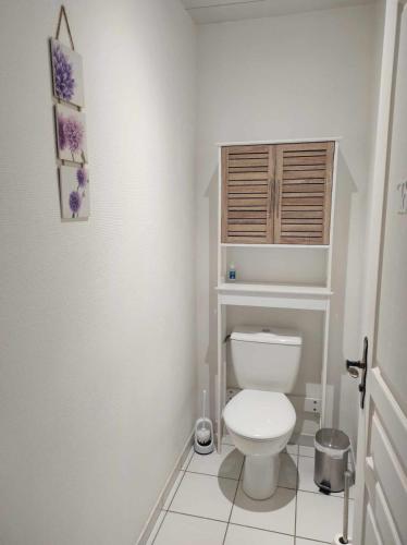 a white bathroom with a toilet and a cabinet at Maison en sortie d'autoroute A31 in Rolampont