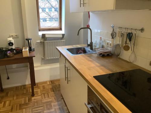 a kitchen with a sink and a wooden counter top at Pied à Terre Oostersingel UMCG in Groningen