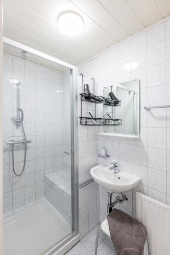 ein weißes Badezimmer mit Dusche und Waschbecken in der Unterkunft Weingut Krell in Mitterretzbach