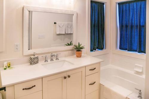 a bathroom with a sink and a tub and a mirror at Lulu’s Family Lakehouse in Garden City