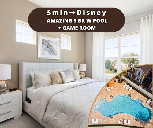 a bedroom with a bed with a painting of a beach at 5min Disney Wonderful Villa, BBQ, SMV102 in Orlando