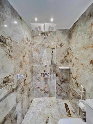 a bathroom with a shower and a toilet in it at Star vysta pyramids view inn in Ghaţāţī