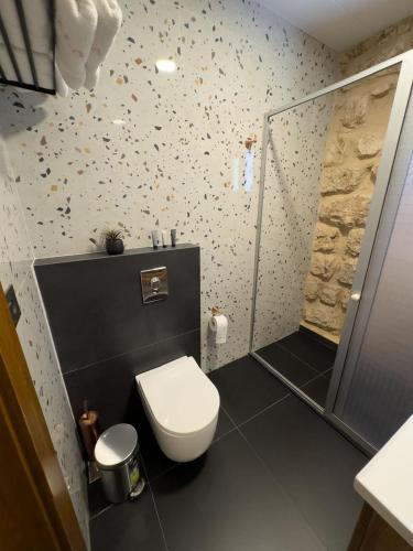 a bathroom with a white toilet and a shower at Villa Rosa Luxury Boutique Hotel in Batroûn