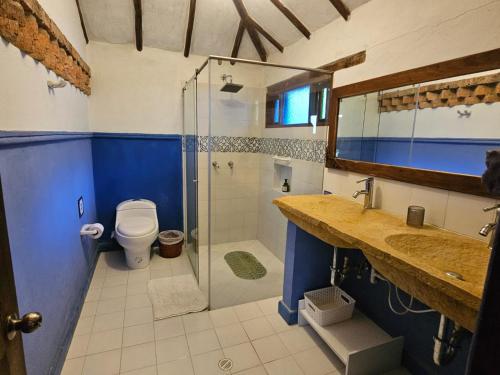a bathroom with a glass shower and a toilet at La Primavera, casas campestres para familias, paisajes, tranquilidad, cerca al pueblo in Villa de Leyva