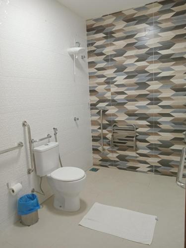 a bathroom with a toilet and a mosaic wall at Pousada Jubarte in Serra