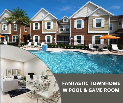 a swimming pool in front of a house at 5min Disney Fantastic Townhome, BBQ 116 in Orlando