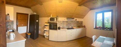a kitchen with white cabinets and a wooden ceiling at Niemczukówka 1 - Smerek in Wetlina