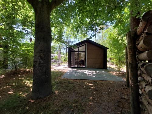 a small building with a black roof next to a tree at Chalet 4p Utrechtse Heuvelrug in Maarn