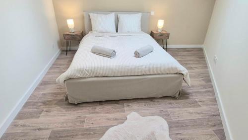 a bedroom with a large bed and two night stands at Sous les Toits Yssoiriens - Centre-Ville in Issoire