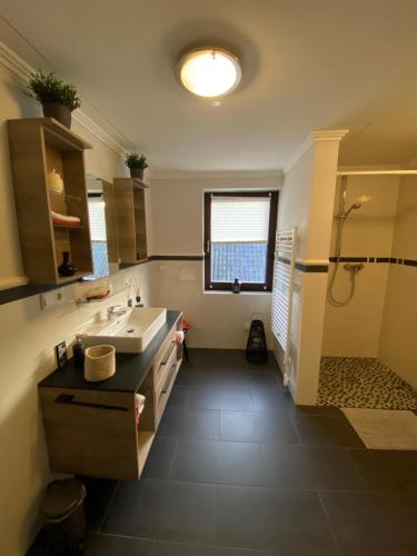 a large bathroom with a sink and a shower at Ferienwohnungen Rurseeblick in Einruhr