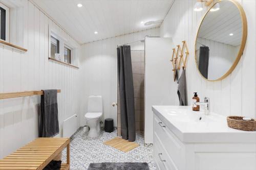 a bathroom with a sink and a toilet and a mirror at TV1706-Bindslev-Uglevej-7 in Tversted