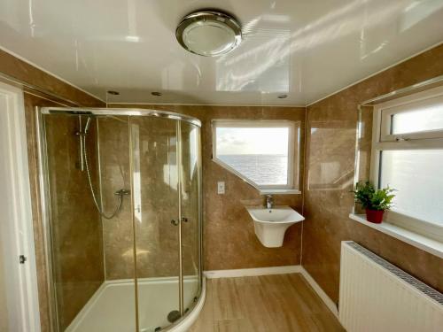 a bathroom with a shower and a sink at Crows Nest Dawlish in Dawlish