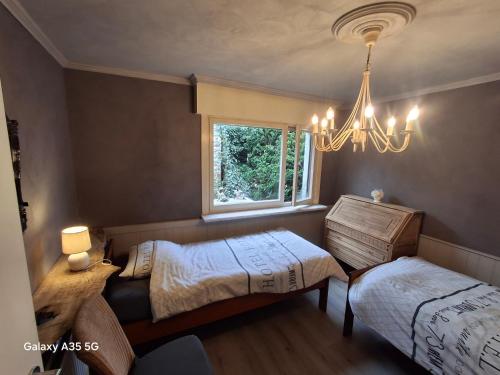 a bedroom with two beds and a chandelier at La Vie Est Belle in Kortemark