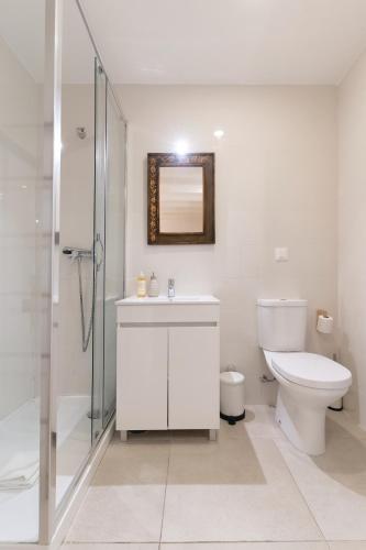 a white bathroom with a toilet and a shower at Douro by your side with Pool in Vila Nova de Gaia