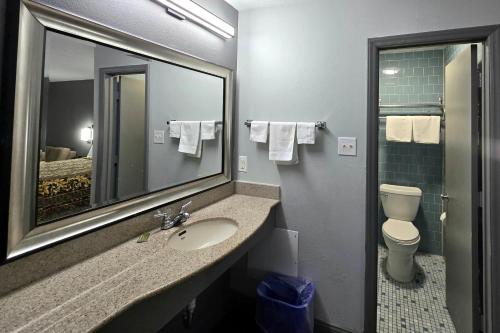 a bathroom with a sink and a toilet and a mirror at Eagle Inn by Hotel O Richmond Midlothian Turnpike in Richmond