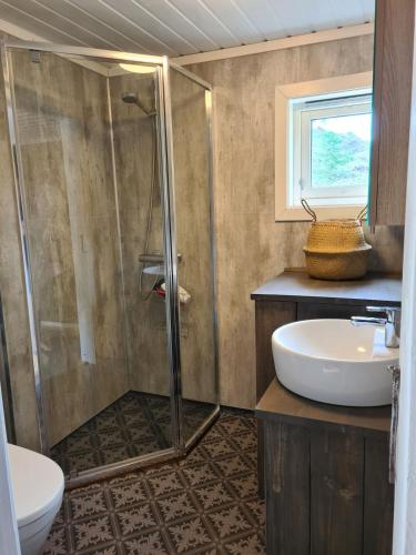 a bathroom with a shower and a sink at Nordfjordcabins BLUE in Utvik