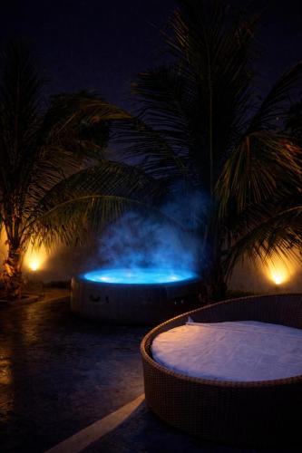 a night time view of a pool with palm trees at A Casa Piscina Quente até 50 Graus em Caldas Novas Com Sistema de Trocador de Calor e com Sauna e Ofurô Super Quente, Paradisiaca ll Com Roupa de Cama e Banho, Parcelamos em até 12x no Cartão de Crédito Sem Juros Aceitamos Pet in Caldas Novas