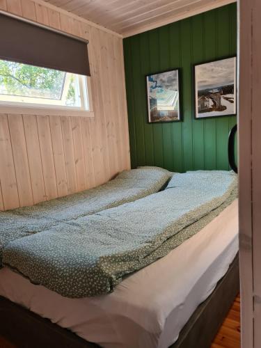 a bed in a room with green walls at Nordfjordcabins BLUE in Utvik