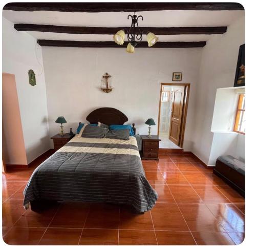 a bedroom with a large bed with blue pillows at Quinta 4 esquinas cerca de Chachimbiro in Hacienda San Clemente