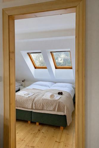a bedroom with a bed with skylights and a mirror at Pod Maliníkem in Bedřichov