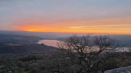 a sunset over a lake with a tree in the foreground at Piccola Sorpresa Il preferito degli escursionisti sul Cammino in Scoppieto