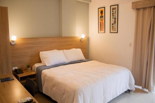 a hotel room with a bed and a desk at Hotel Puesta del Sol in Encarnación