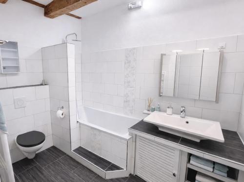 a bathroom with a sink and a tub and a toilet at Spreewald Błota Jéwa Ferienwohnung mit Terrasse und Parkplatz in Lübbenau
