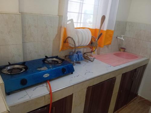 a kitchen counter with a blue stove in a room at Nest Apartment Diani in Diani Beach