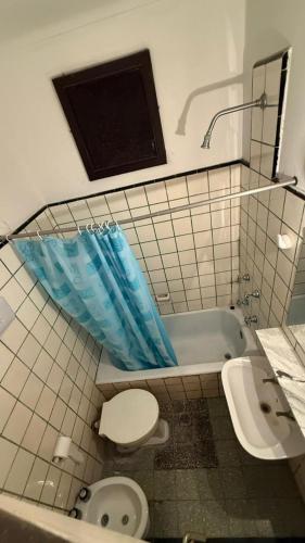 a bathroom with a toilet and a sink and a tub at Hotel San Carlos in Mar del Plata
