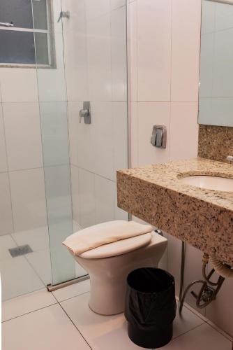 a bathroom with a toilet and a shower and a sink at Hotel Nacional in Jataí