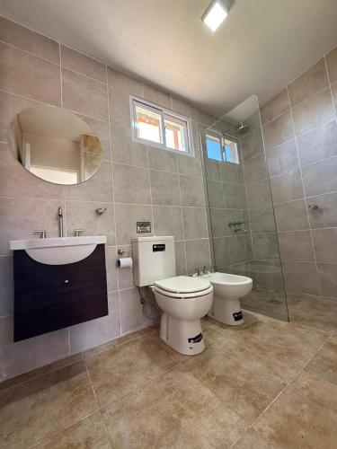 a bathroom with a toilet and a sink and a mirror at Estación Destino in El manzano historico