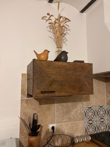 two birds sitting on top of a wooden box at La maison du colombophile in Neuville-sur-Ailette