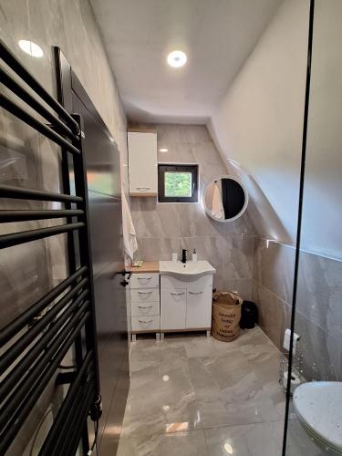 a small bathroom with a sink and a mirror at Panta Nature House in Dobrodoli