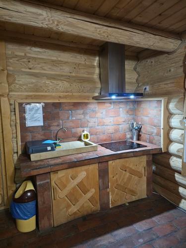 a kitchen with a sink and a stove at Cabana Daria Arieseni in Arieşeni