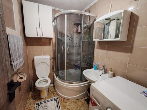a bathroom with a shower and a toilet and a sink at Vikendica Katarina in Šipovo