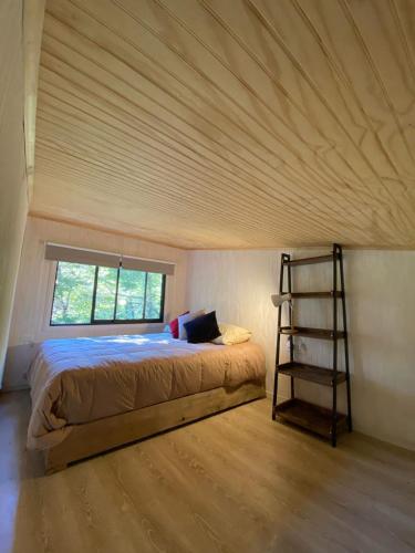 a bedroom with a bed and a ladder in a room at Tiny House en Malalcahuello - Tranquilidad total in Malalcahuello