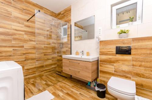a bathroom with a toilet and a sink at Apartments Serzane in Zastražišće